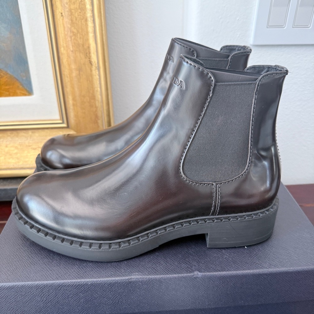 Prada 2TE168 Spazzolato Leather Chelsea Ankle Boots Mens Brown Lug Sole UK8.5 - Picture 4 of 14